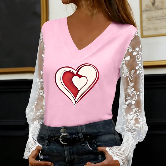 Craaazy Women's V-Neck Sheer Long Sleeve Love Heart Graphic Valentines Shirts Gifts