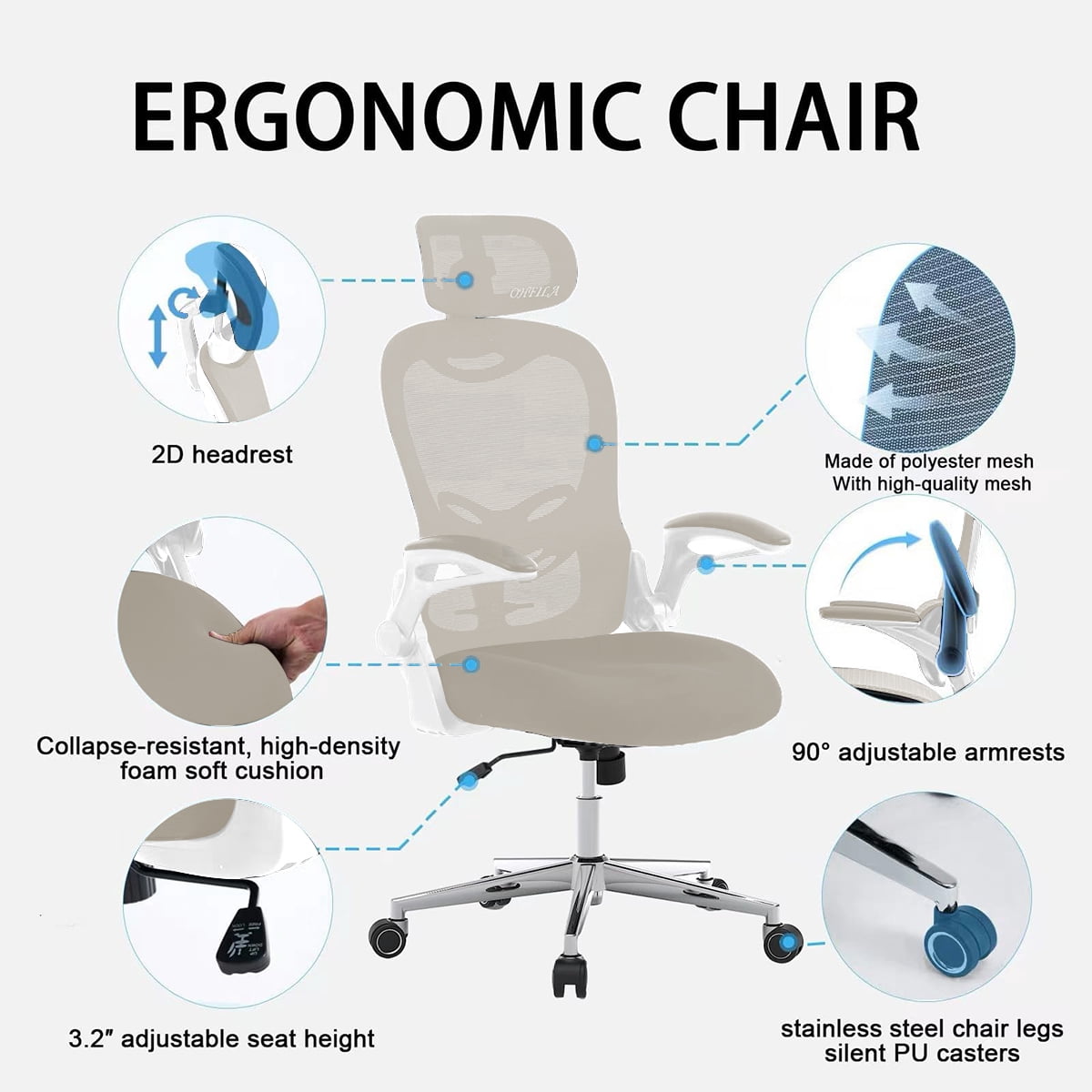 Office Chair, Ergonomic Breathable Mesh,Flip-Up Arms and Adjustable High Back Lumbar Support,Comfy Computer Chair for Home Office