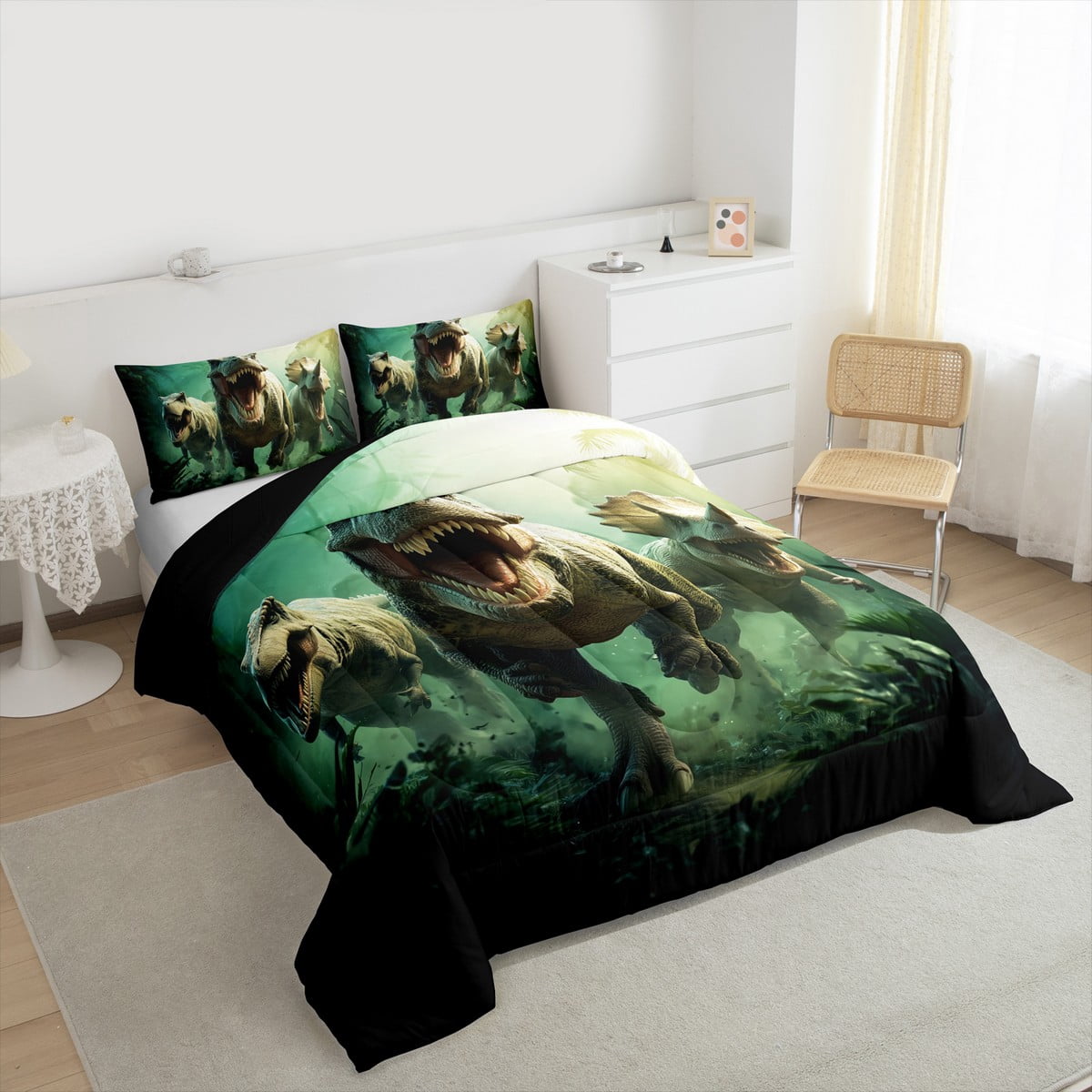 Manfei Boys Dinosaur Queen Comforter Set, Dino Theme Bedding Sets, Jungle Wildlife Bedding Comforter Set, Super Cozy Room Decor Reversible 3 Pieces