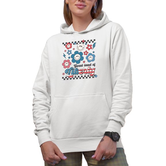 Sweet Land of Liberty, 90s Retro 4th of July or USA Themed Merch Gift, White Hooded Sweatshirt or Hoodie, Small