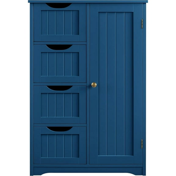 Wooden Bathroom Floor Cabinet, Side Storage Organizer Cabinet with 4 Drawers and 1 Cupboard, Freestanding Entryway Storage Unit Console Table, Bathroom Furniture Home Decor, Navy Blue