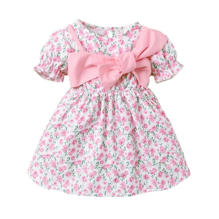 

KIMI BEAR Newborn Girls Dress 9 Months Newborn Girls Spring Summer Dress 12 Months Newborn Girls Short Sleeve Sweet Floral Prints Bowknot Dress Pink