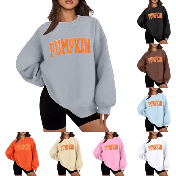 CAIVO Women Crew Neck Casual Letter Pumpkin Print Loose Sweatshirt Fashion Halloween Autumn Winter Tops For Daily Wear Long Sleeve Pullover Breathable Stretch Fall Streetwear