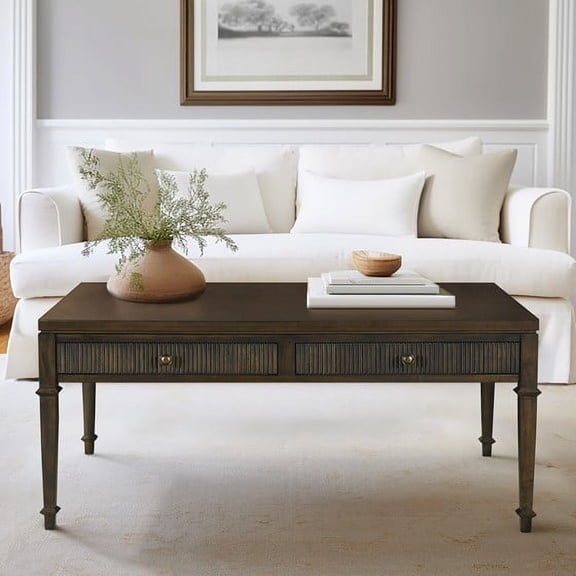 Olliix Kenna Fluted Solid Wood Coffee Table with 2 Drawers in Coffee