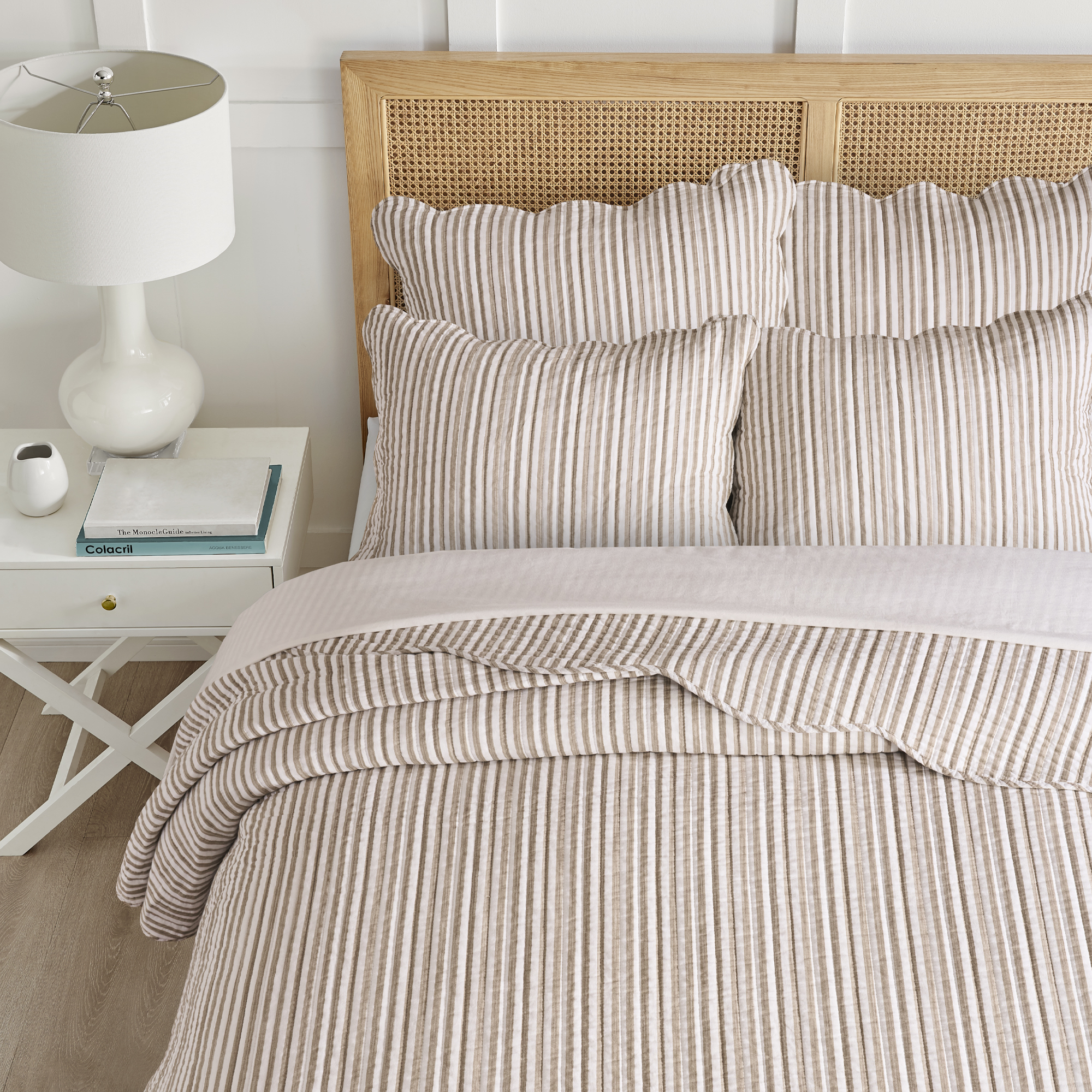 Levtex Home Martha Stripe Taupe Reversible Twin XL / Twin Quilt Set (68x86in) with 1 Pillow Sham (26x20in) - Stripe Bedding - Taupe, White - Cotton Twin Size Quilt Bedding Set - Scalloped Edge