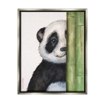 Stupell Industries Panda Bear Peering Around Bamboo Smiling Animal Painting Luster Gray Floating Framed Canvas Print Wall Art, Design by George Dyachenko