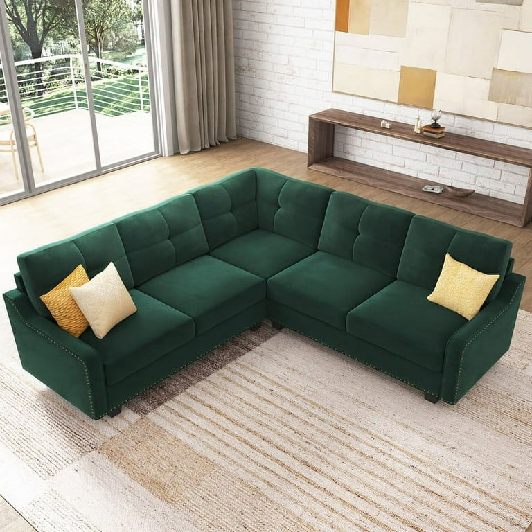 HONBAY Velvet L Shaped Couch Corner Sofa for Living Room Furniture Sets in Green