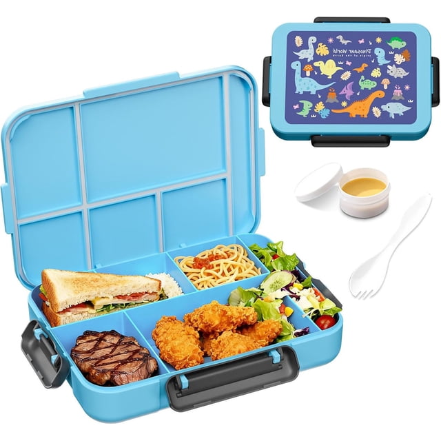 Lonchera Bento, Bento Box de 5 Compartimentos, con Tenedor y Cuchara, Recipiente para Refrigerios de Frutas (Azul)