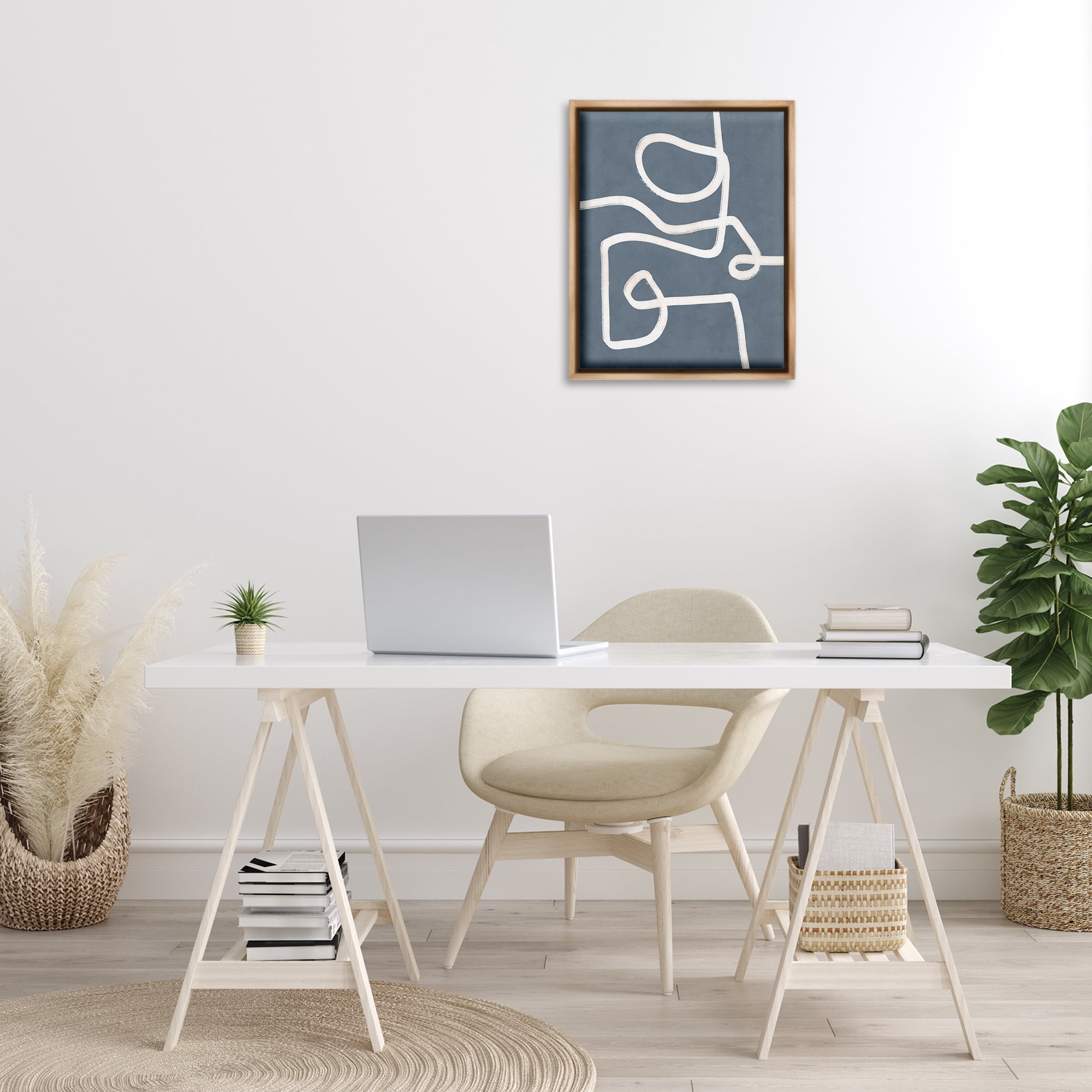 Stupell Industries Free Line on Blue Abstract Painting Brown Floater Framed Canvas Art Print Wall Art, 17 x 21