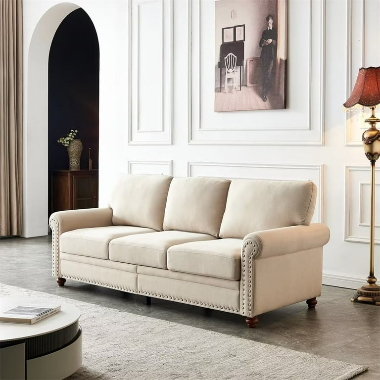 Three seater Sofa Modern Upholstered Couch with Silver Nailheads