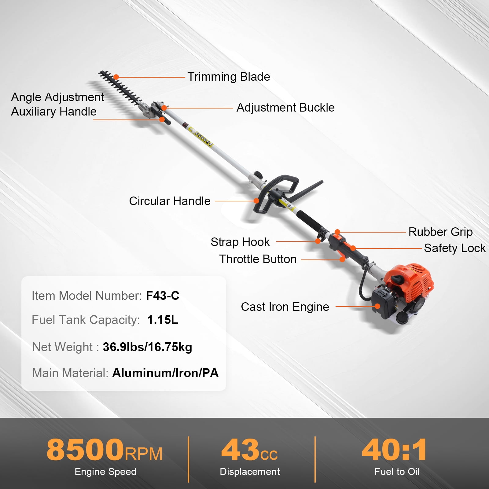 KFFKFF 43CC 6-in-1 Versatile Gardening Tools, Gas-Powered Hedge Trimmer, Weed Trimmer, String Cutter, Brush Slicer, Edge Trimmer, and Pole Saw Pruner with Extendable Shaft