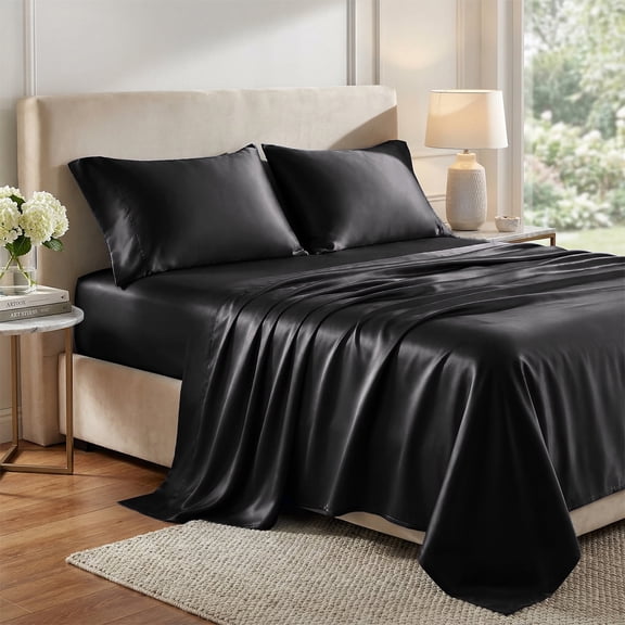 Lipa Satin Sheets Queen Sheet Set, Silky Luxury Bed Sheets With Deep Pocket,4 Pieces,Black
