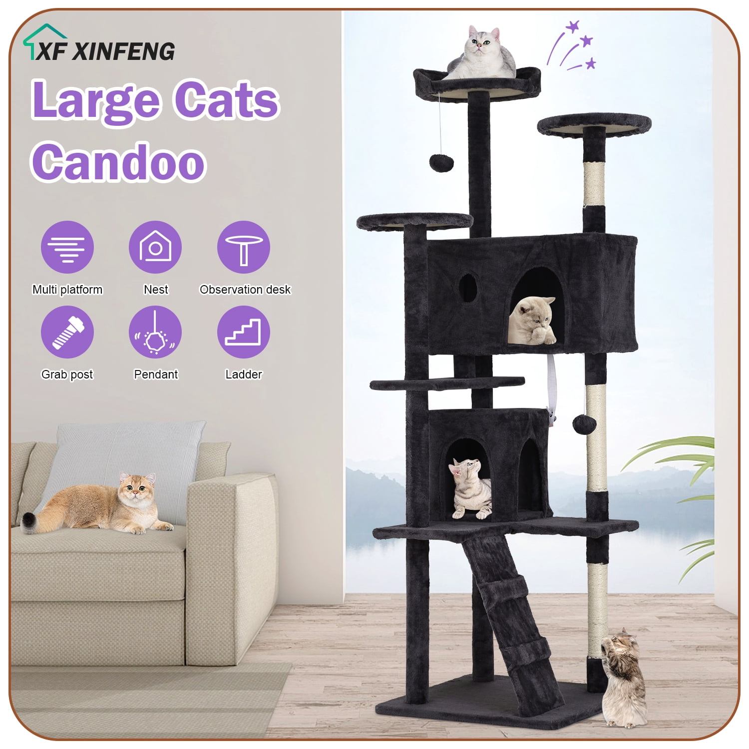 XF XINFENG 70" Cat Tree Tower Playhouse for Indoor Cats with Scratching Posts, Multi-Level Pet Cozy Condo Furniture, Dark Gray