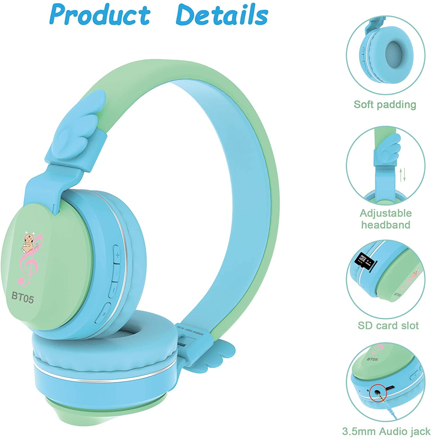Riwbox BT05 Bluetooth Kids Headphones Wireless Foldable Headset Over Ear with Volume Limited and Mic/TF Card Compatible for iPad/iPhone/Tablet(Blue&Green)