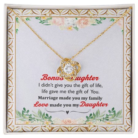 To My Bonus Daughter A Heartfelt Keepsake From Mom Dad Grandparents Message Card and Box Gold Love Knot Necklace