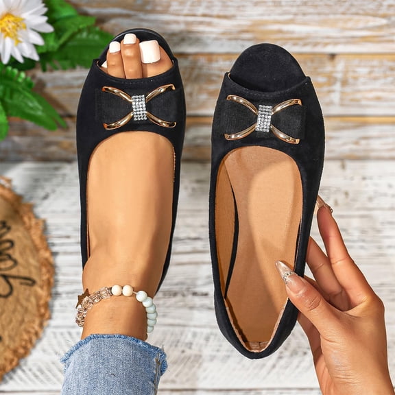 Ladies 2026 Summer Flat Shoes Solid Color Peep Open Toe Bow Detail Soft Sole Slip On Lightweight Cushioned Orthopedic Arch Support Wide Toe Box Comfort Walking Daily Footwear Black 41