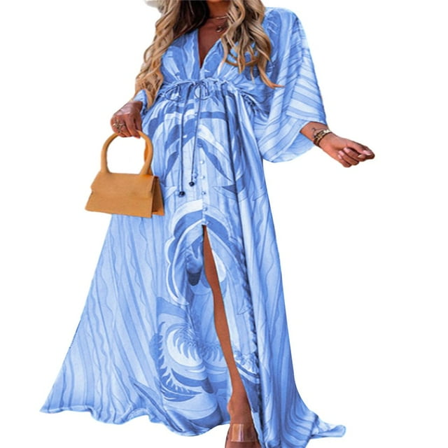 POINTERTECK Women Summer Flower Print Loose Fit V Neck Button High Split Long Dress
