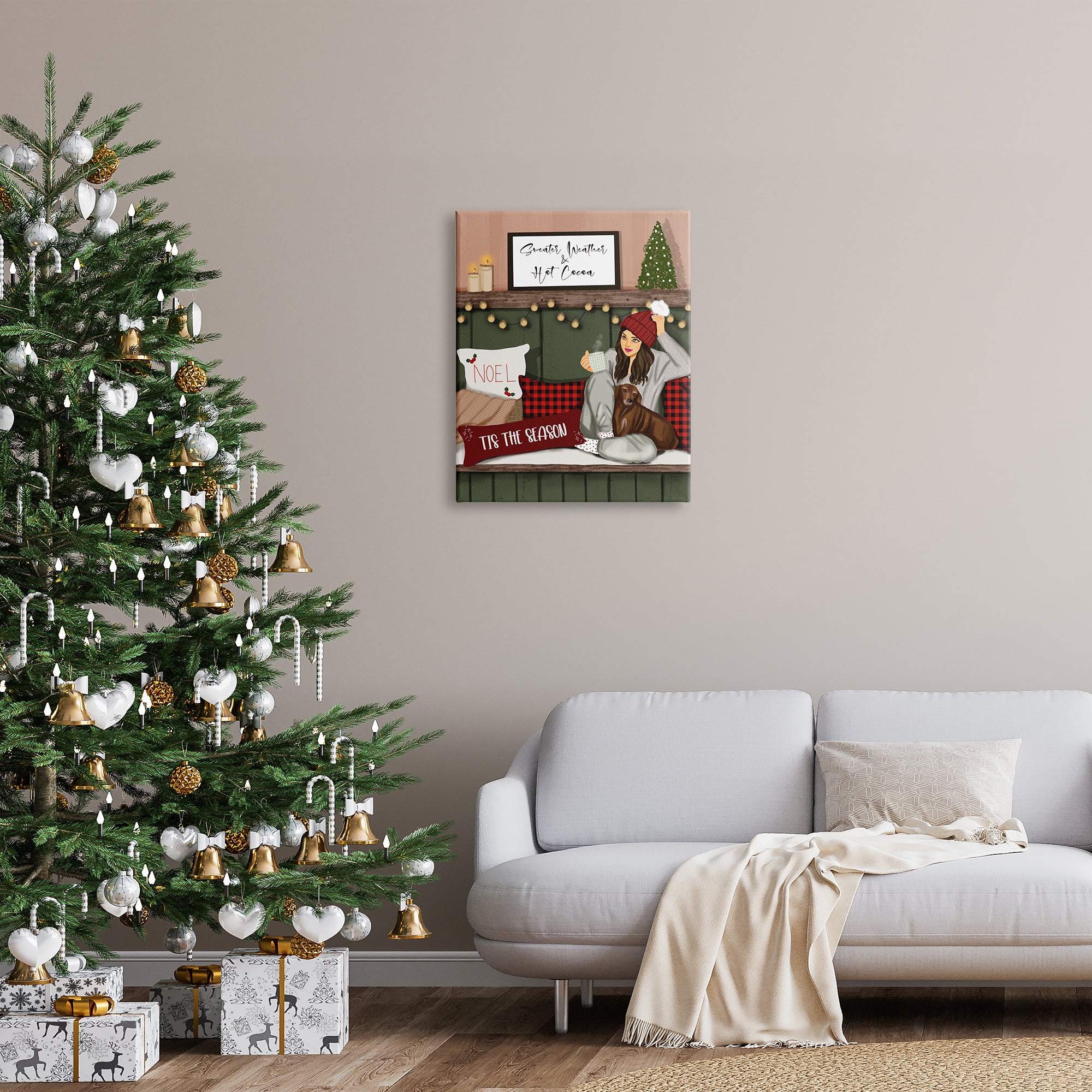 Stupell Industries Cozy Girl with Christmas Phrases Holiday Painting Gallery Wrapped Canvas Art Print Wall Art, 24 x 30