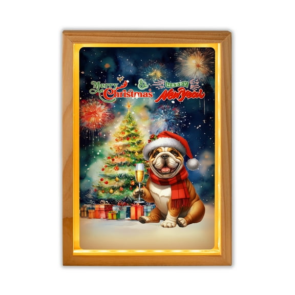 Merry Christmas and Happy New Year Santa Bulldog Holiday Xmas Winter 2025 Acrylic Plaque with Wood Photo Frame Box Dog Lover Gifts Idea Light Box - 00024