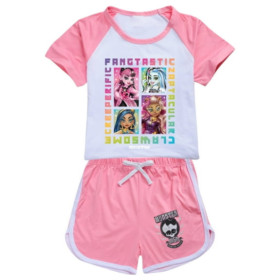 Monster High girls' short sleeved set, short sleeved T-shirt shorts, sports set, casual set, suitable for children aged 5-13
