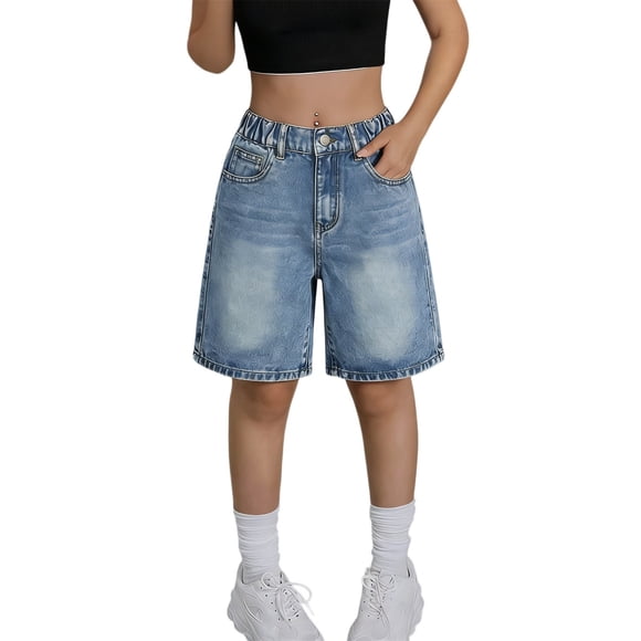Coerni Short en Jean pour Filles Taille Haute Jambe Grand Ample Short en Denim pour Ados Tendance Y2k Vintage Bermuda Jorts Délavé Denim Mode Urbaine