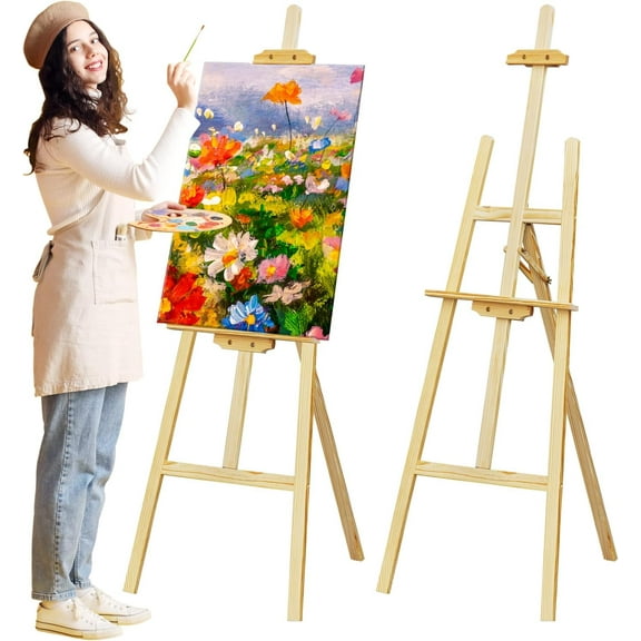 Nian Feng Wooden Easel for Painting, Large Floor Painting Stand for Adjnstable Height and Folding, 59-Inch, for Canvas Wedding Sign Poster, Art Easel for Adults and Teens (Natural)
