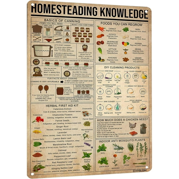 Vintage Homesteading Knowledge Poster Basics of Canning Metal Tin Sign - Rustic Kitchen Wall Art Decor, Chef & Cooking Enthusiast Gift 12x16 Inches