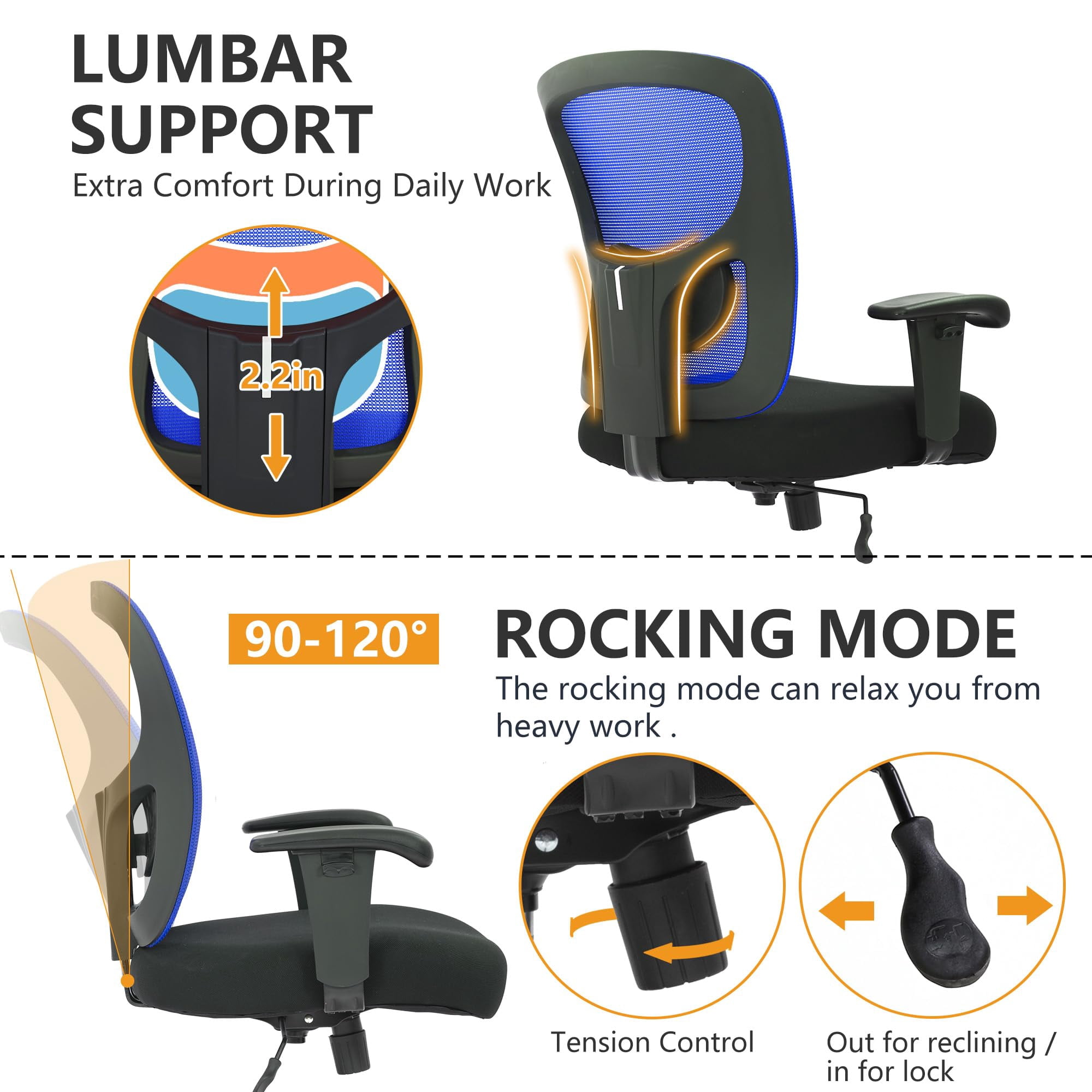PayLessHere 500lb Mesh Office Chair，Ergonomic Rolling Swivel Desk Chair for Women, Men (Blue)