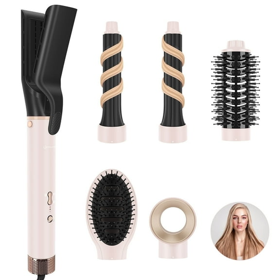 IG INGLAM 6 in 1 Hair Dryer Brush, No Hot Plate Air Straightener, Volumizer Hot Air Styler, High-Speed Hair Dryer, Massage Brush and Auto Wrap Curlers, Pink