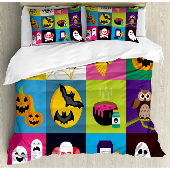 Halloween Duvet Cover Set King Size, Modern Colorful Design of Square Frames with Owl Pumpkin Ghost Witch Spider Bat, Decorative 3 Piece Bedding Set with 2 Pillow Shams, Multicolor, by Ambesonne
