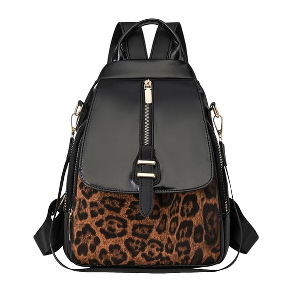 Fashion Leopard Print Backpack Purse for Women Multi Pocket Ladies Shoulder Bags Lightweight Travel Daypack Black