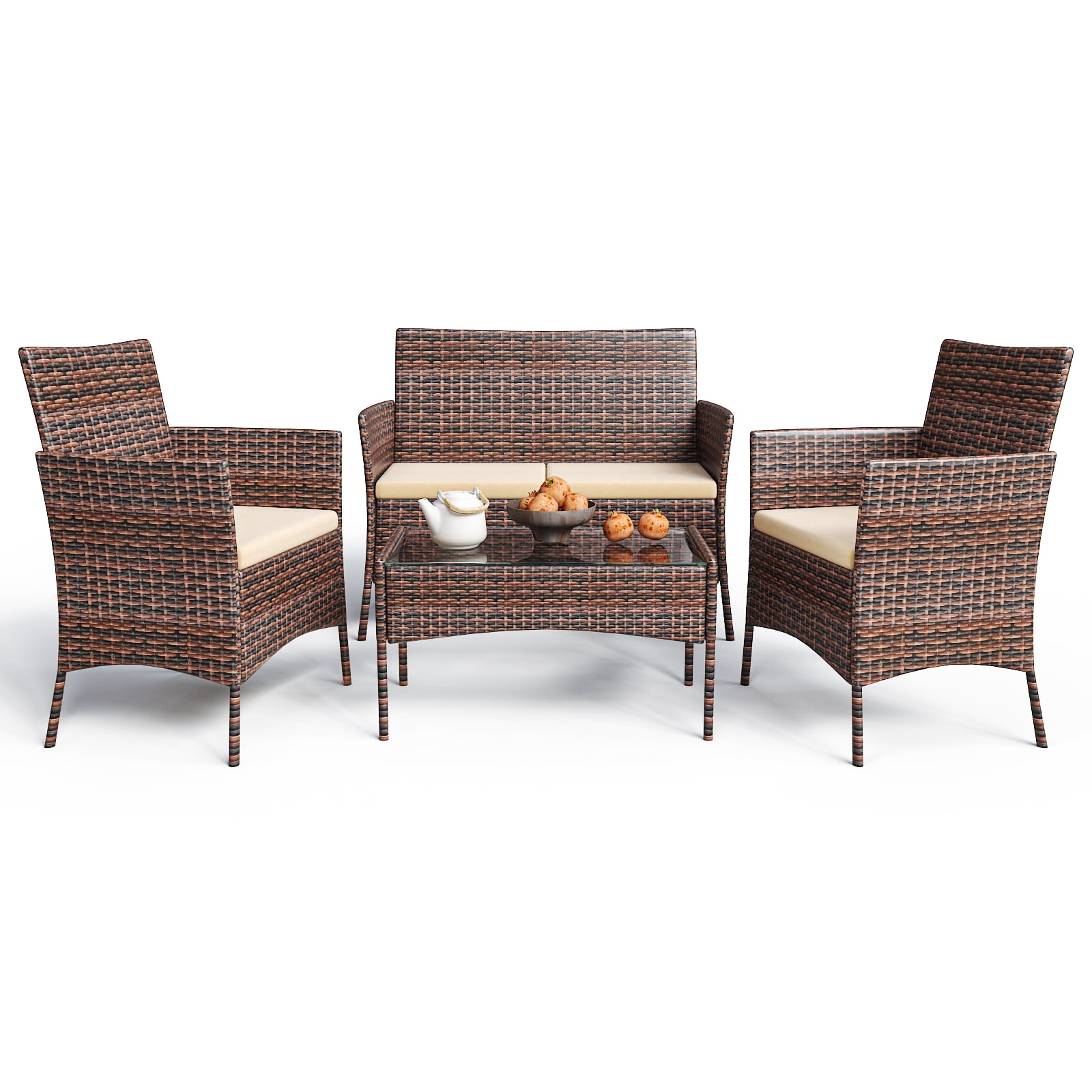 Ktaxon 4 Piece PE Rattan Wicker Outdoor Patio Conversation Set with Glass Coffee Table and Beige Cushions, Brown Gradient