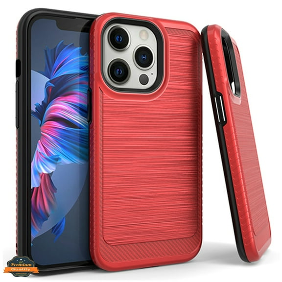 Xpression Case for Apple iPhone 13 Pro Max (6.7") Armor Brushed Texture Rugged Carbon Fiber Shockproof Dual Layers Hard PC   TPU Protective Phone Cover [Red]