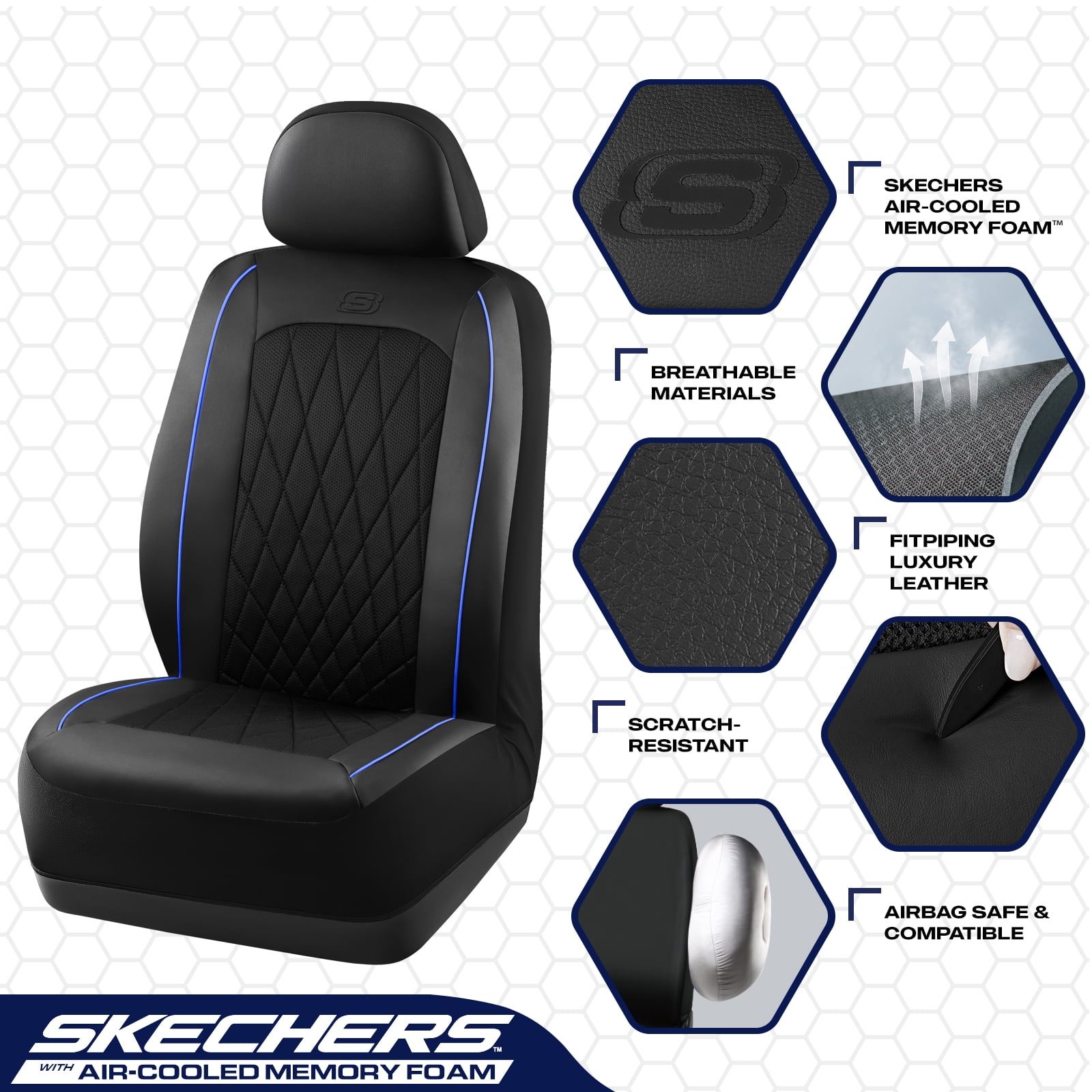 Skechers Car Seat Covers , Air-Cool Design Memory Foam Seat Covers, Piping Leather Mesh Car Seat Cover,Airbag Compatible,Automotive Comfort Universal FitMost Cars,Vans,Truck,SUV,Beige Front Set