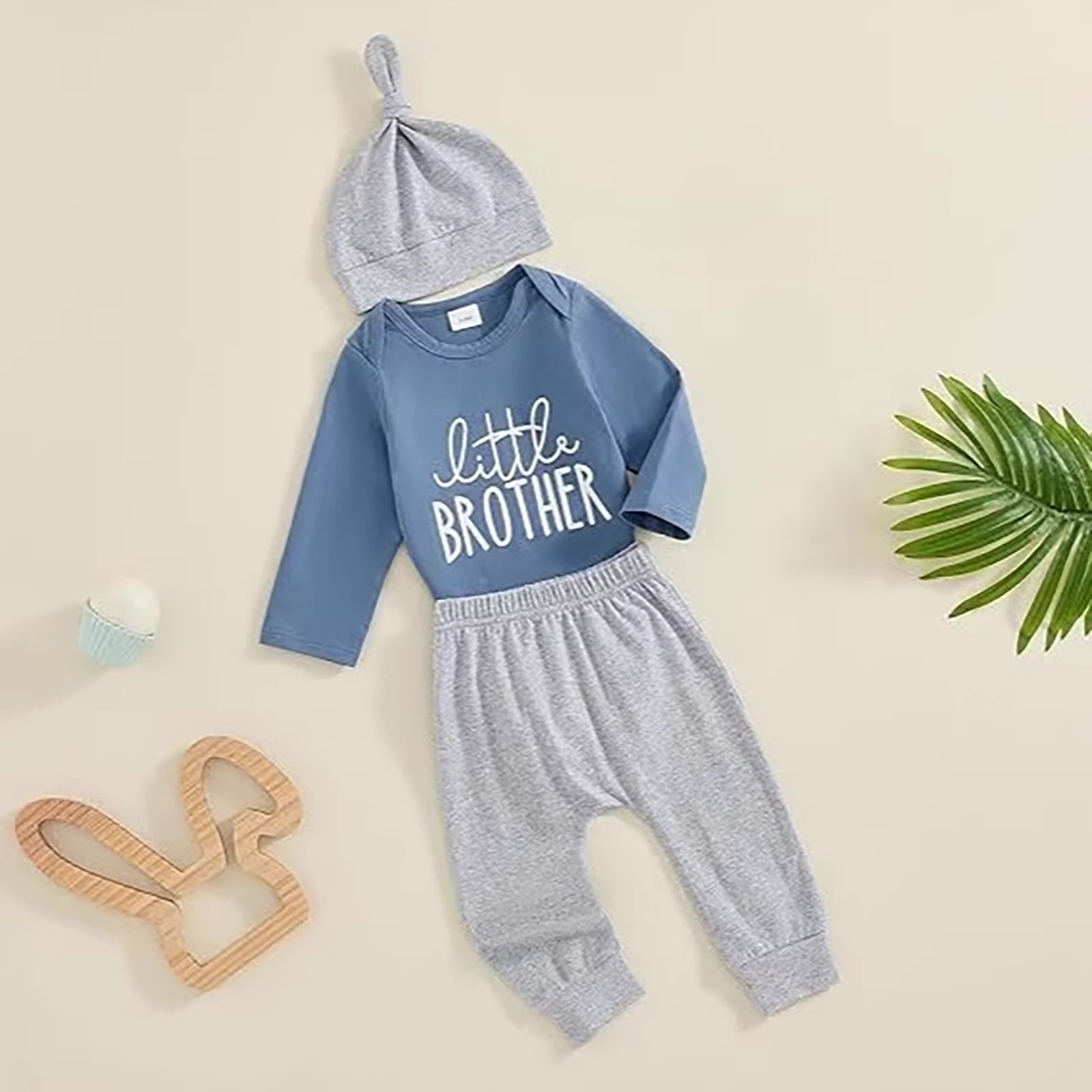 Baby Boy Outfits 3 Piece Letter Print Crew Neck Long Sleeve Jumpsuit And Jogger Pants with Hat for Everyday Boys Clothing Sets Blue 0 Months-3 Months