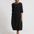 thumbnail image 2 of Women's Cotton Linen Dress Mid Sleeve Midi Casual Plus Size Tunic Dress Solid Linen Loose Casual Crewneck Long Dress, 2 of 7