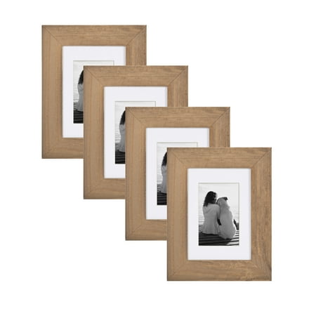 Mutt Mat - DesignOvation - Museum Wooden Traditional Picture Frame Set with Mats for Customizable Wall Display, 5x7 matted to 3.5x5, Rustic Brown, 4 Pack