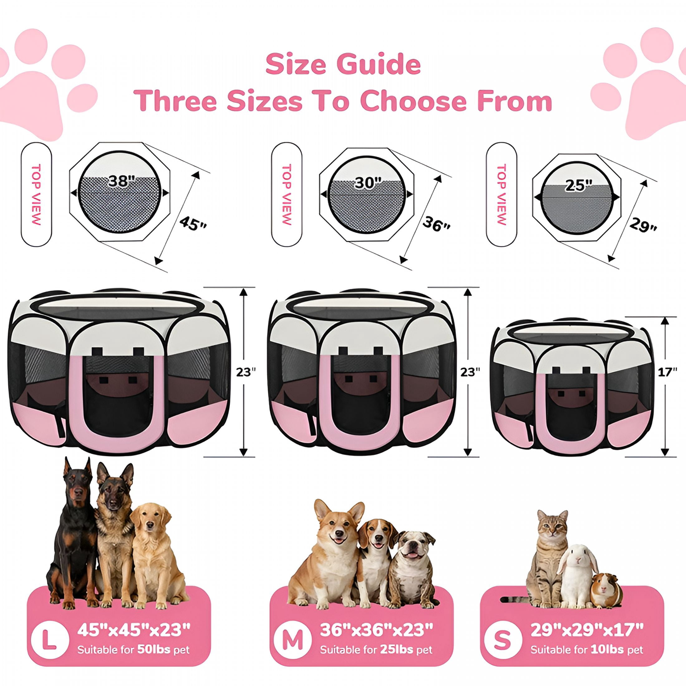 XIBUFE Dog Cat Playpen,Portable Puppy Pet Crate Indoor for Small Dogs Cats Rabbits,Foldable Dog Cage Enclosure for Outdoor,Pop Up Dogs Tent Kennel with Carrying Case,Pink
