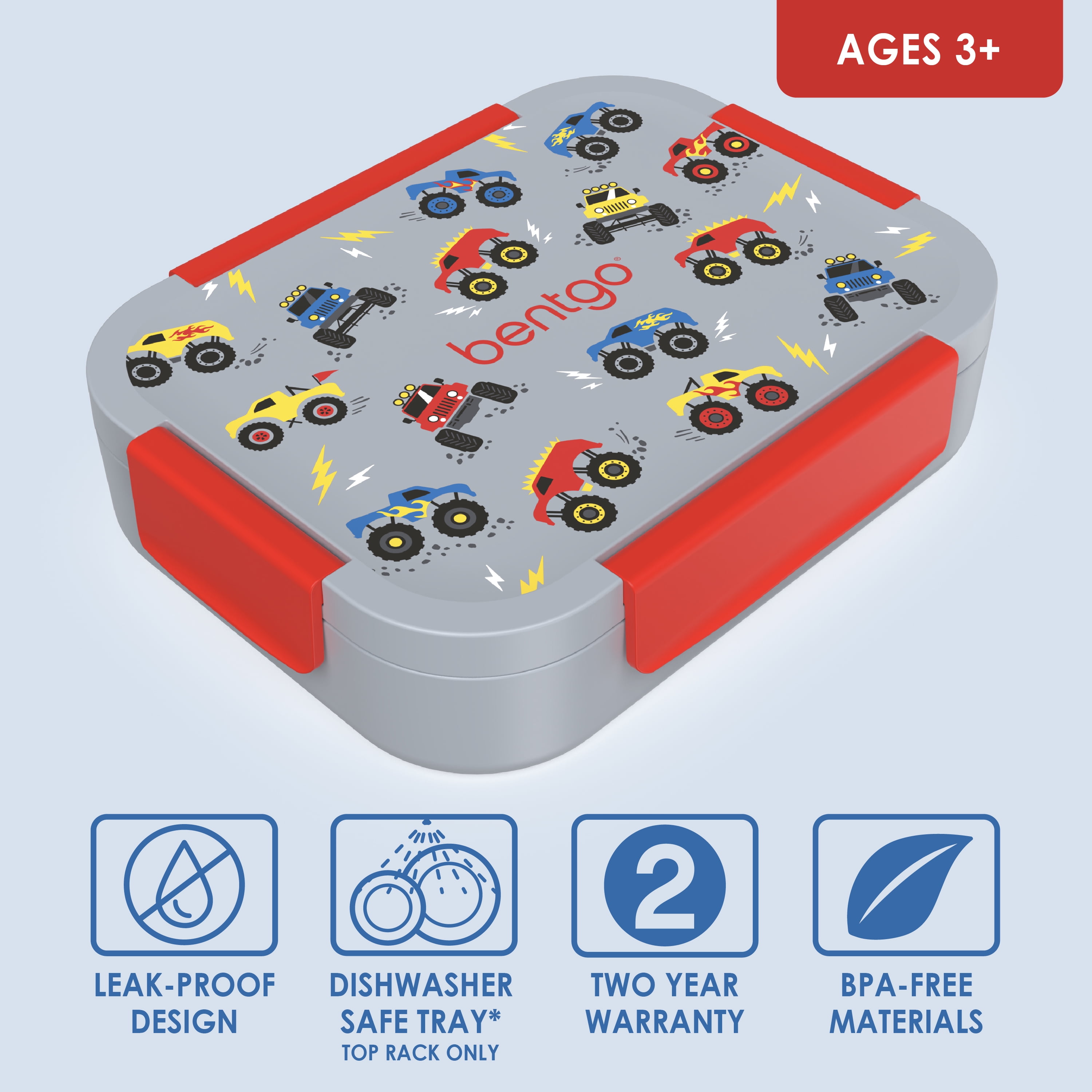 Bentgo Kids Snap & Go Leak-Proof Lunch Box - Trucks, Leak-Proof Bento Lunch Box for Kids, Durable, BPA-Free, Dishwasher Safe, Perfect for School Lunches
