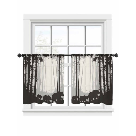 Forest Bear Sheer Curtains 45 Inch Length 2 Panels Set, Semi Transparent Voile Rod Pocket Curtains for Living Dining Room Bedroom Drapes Black Grey Country Farmhouse Nature Tree