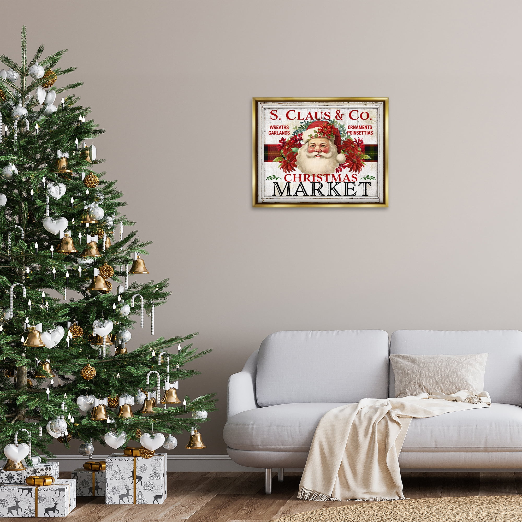 Stupell Industries Holiday Christmas Market Holiday Painting Gold Floater Framed Canvas Art Prints Wall Art, 31 x 25