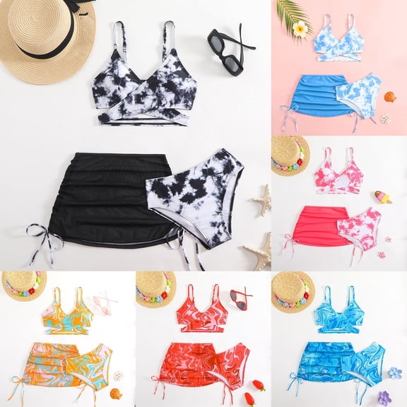 ibiyuan Girls Swimsuits Kids 3 Piece Girls Bathing Suit Adjustable Wide Straps Ruched Color Block Girls Bikini Stretchy Ruched Tankini for Girls Swimwear Set Girl
