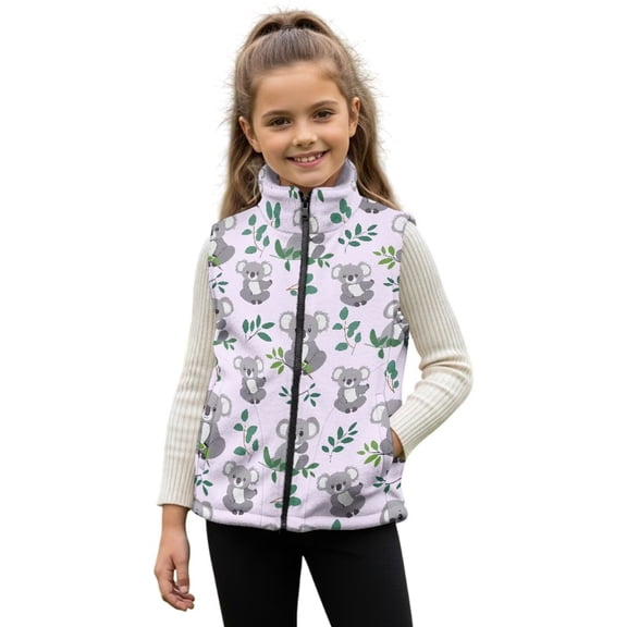 Pzuqiu Koala Print Girl Outerwear Vest 7-8 Comfortable Warm Winter Lightweight Sleeveless Fleece Jacket with Pocket Full Zip Stand Collar Fashion Toddler Girl Clothes for Girls