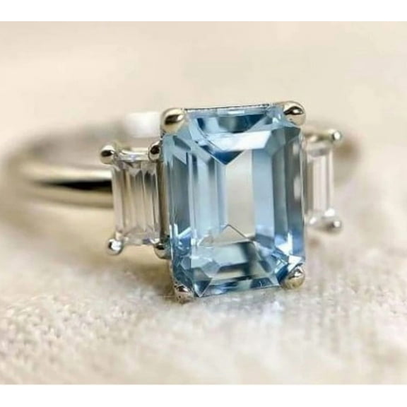 Vintage Emerald Cut Aquamarine Engagement Ring,925Silver Baguette Moissanite Band,March Birthstone Wedding Ring,Antique Jewelry,Promise Gift