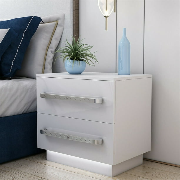 WOODYHOME Modern High Gloss LED Nightstand, 2 Drawers Bedside End Table