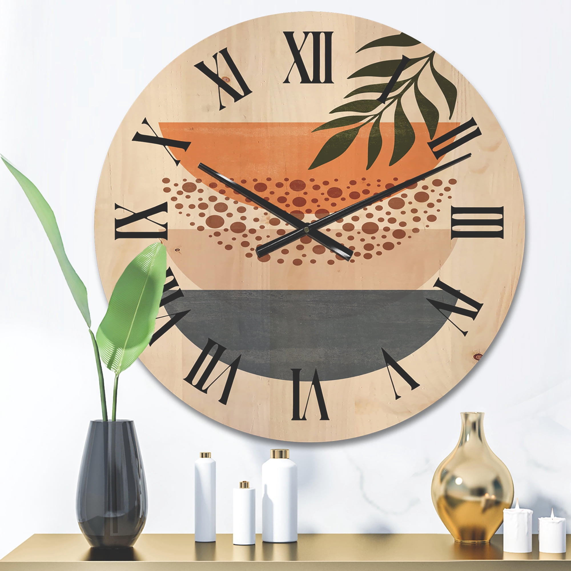 Designart 'Abstract Geometrical Moon and Sun With Leaf III' Modern Wood Wall Clock