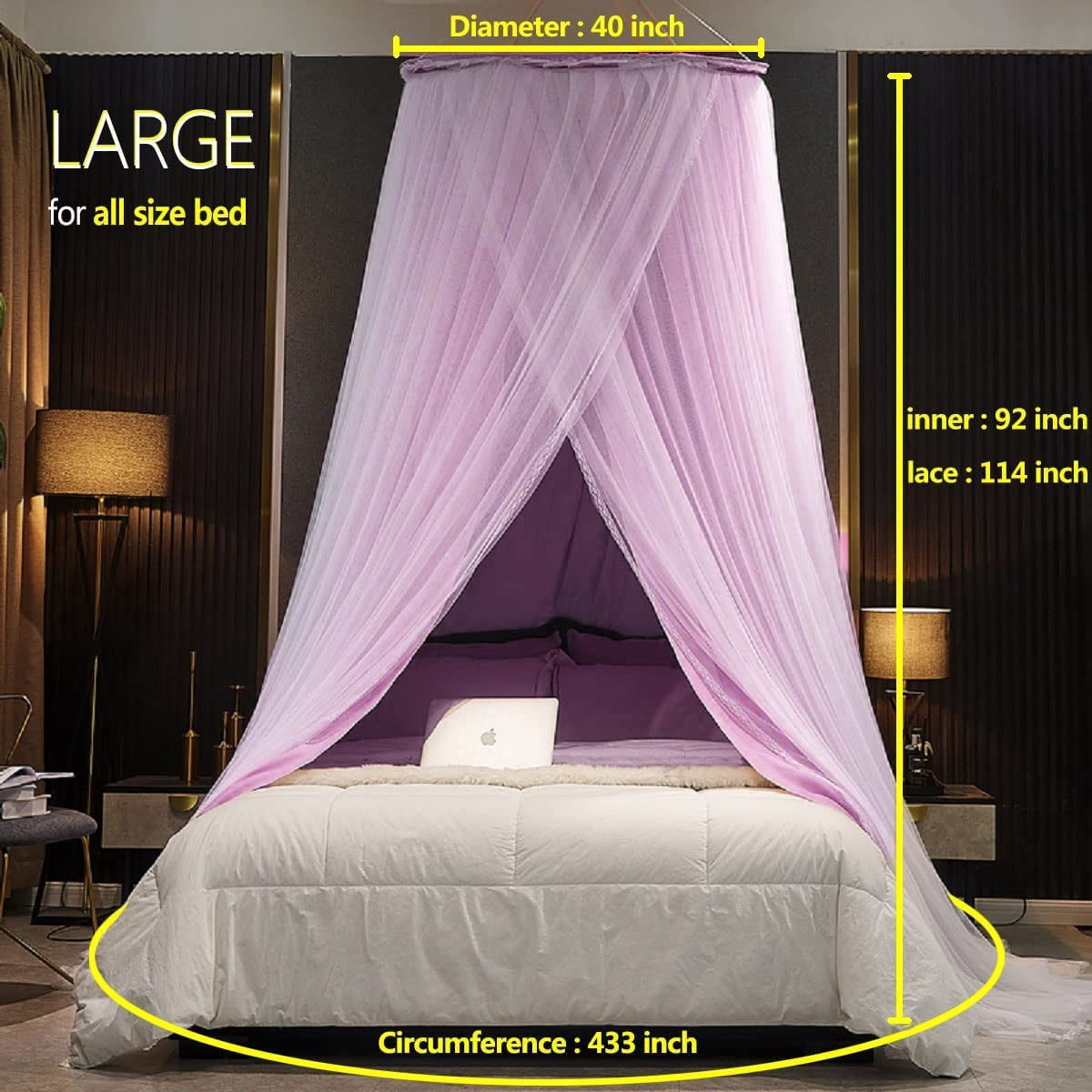 Luxurious Bed Canopy for Girls & Adults - Double Layer Princess Canopy with Lace, Round Dome Mosquito Netting for Queen/King Bed Tent (Purple)