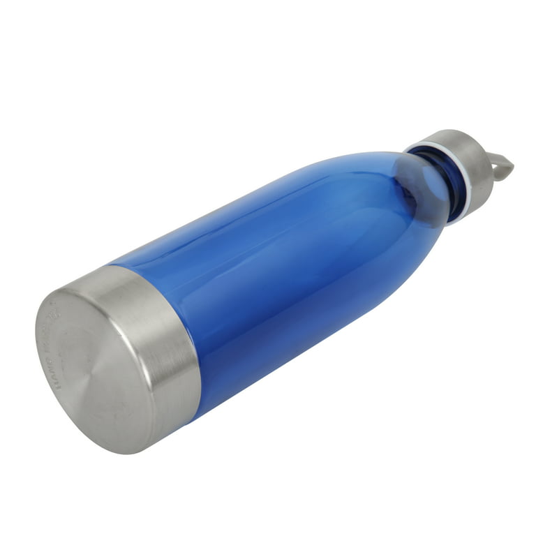 Mainstays 22 oz Blue and Silver Plastic Water Bottle with Screw Cap 