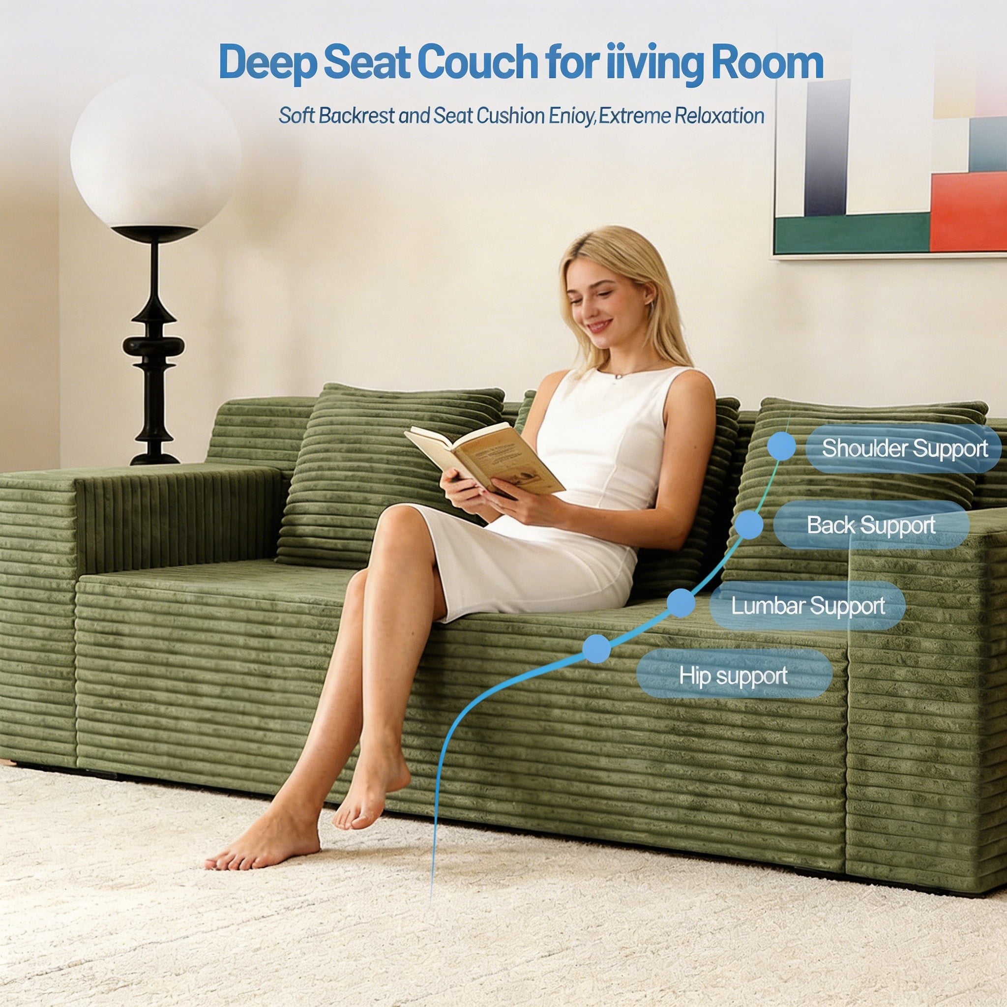 Modern 71" Corduroy Sofa, No Assembly Deep Seat Couch in a Box for Living Room, Green