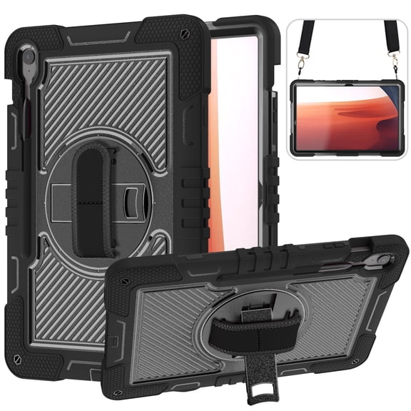 ELEHOLD Rugged Case for Samsung Galaxy Tab S10 FE  2025, 13.1-inch, 3-Layer Hybrid Case with 360° Rotating Kickstand Handstrap Crossbody Shoulder Strap Shockproof Case,Black